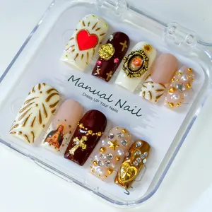 Vosplends Y2K Handmade Acrylic Press-On Nails - 10pcs Virgin Mary Design with Retro Glitter & Religious Charm # PressOnNails # Y2KNails # HandmadeNails # VirginMaryNails # FaithNails # Valentine's Day # RetroNails