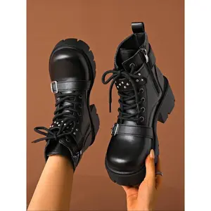 Classic platform ankle boots for women, studded buckle decoration, combat boots, four season zipper short boots, British boots, thick heels, punk high heels, motorcycle boots
