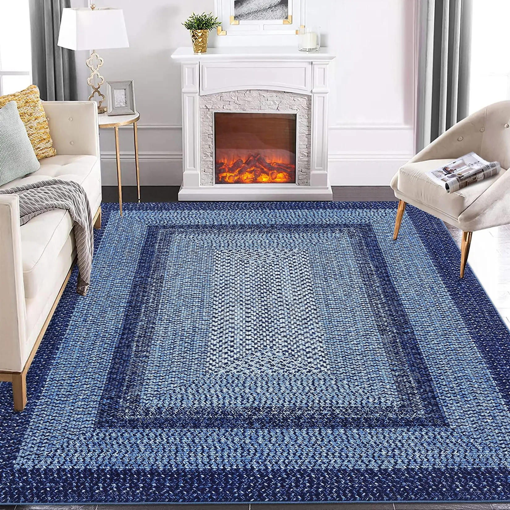Blue 8x10 Braided Area Rug with Non-Slip Backing, Modern Accent Carpet for Bedroom, Living Room, Dining Room & Hallway, Foldable Low Pile Throw Rug