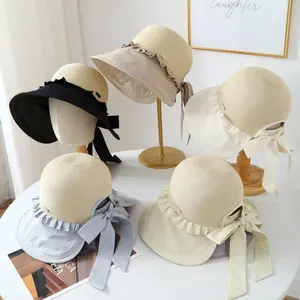 Elegant adult color-blocked lace sun bucket hat for spring and summer, large brim face-shading sun hat, new style vinyl UV protection sun hat