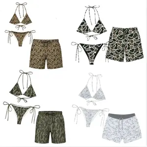 Camouflage Matching Couple Swimsuit Set Bundle, Women's Bikini Sets Two Piece Swimsuit Collection, Camo Hunting Camo Matching Couple Bikini Sets + Men's MESH Shorts, Summer Beach Vacation Outfit for Men and Women, Gift for Him Her