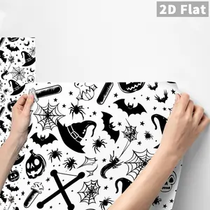 1PC QT Halloween Classic Black & White Elements Wall Sticker, Matte PVC Waterproof Oil-Proof Anti-Splash Peel & Stick Removable DIY Tile Decals for Kitchen Backsplash Bedroom Decor