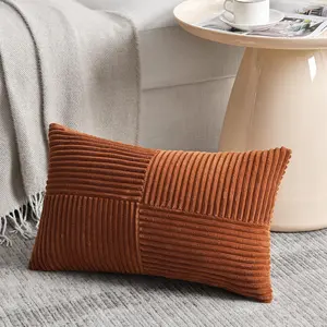 Rust Lumbar Decorative Throw Pillow Covers 12x20 Inch 30x50 cm for Couch Bed Sofa, Rustic Farmhouse Boho Home Decor, Soft Striped Corduroy Rectangle Accent Terracotta Cushion Case