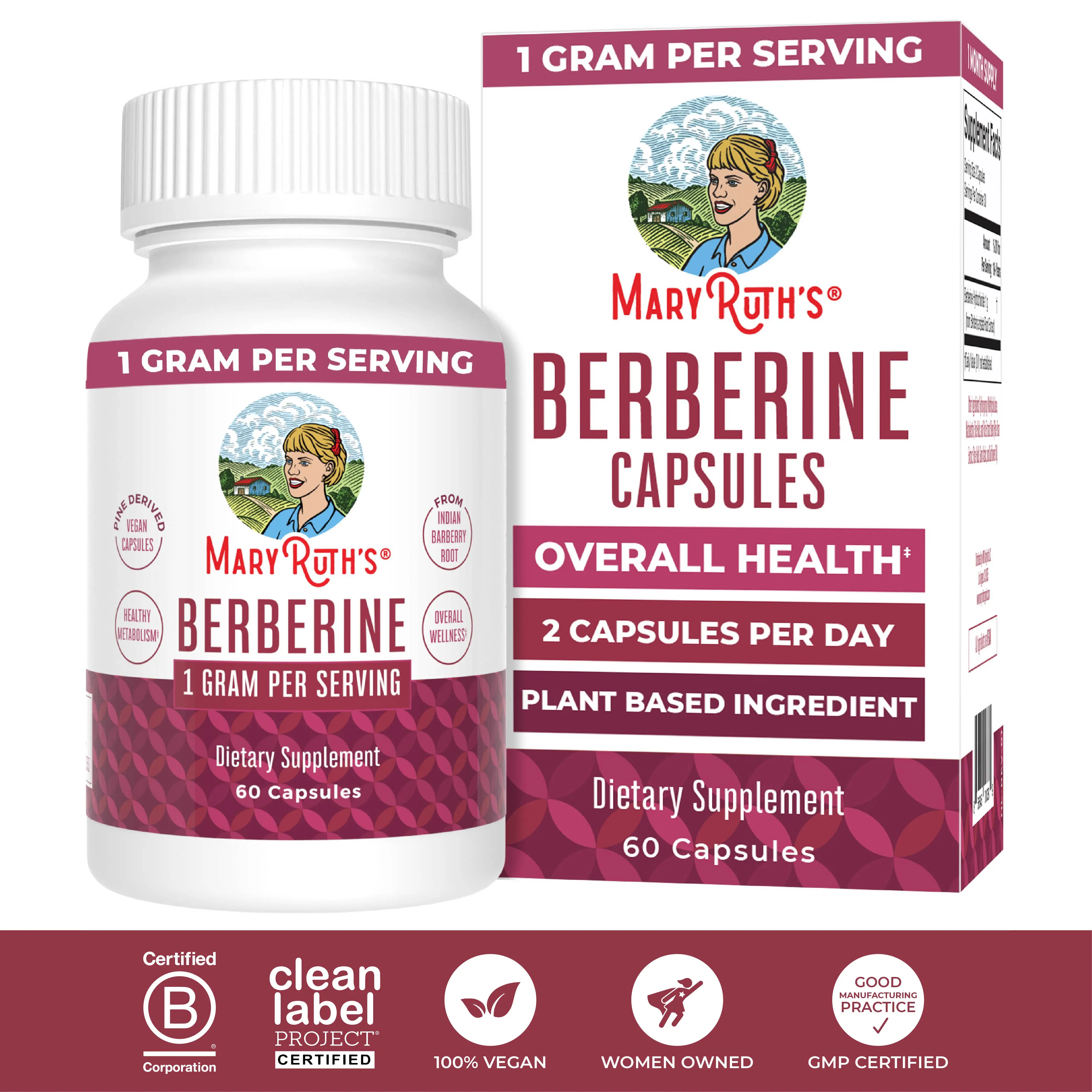 MaryRuth's Berberine Capsules - Berberine 1000 mg Per Serving - 1 g Berberine - Plant Based - Overall Health - Vegan Capsules - 60 Capsules