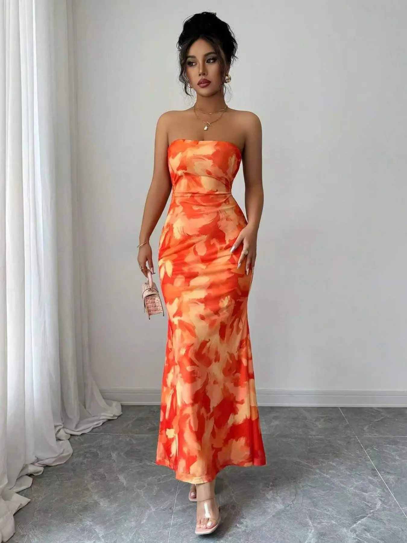 Women's Printed Strapless Bodycon Long Dress, Slim-Fitting All over Print Dress, Elegant Ladies' Fashion, Perfect for Formal Special Occasions, Evening