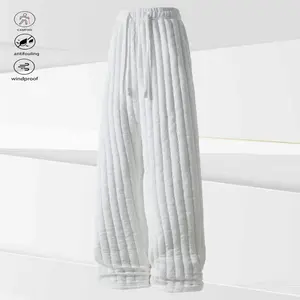 A pair of white stitched wide leg casual pants with a casual comfortable and stylish feel. The pants feature a herringbone weave, with distinct vertical stripe texture on the surface, not only adding visual dimension but also enhancing warmth to some exte