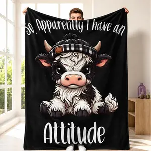 Black White Highland Cow Wearing Beanie Plaid Hat Blanket, Funny Apparently I Have An Attitude Sarcastic Quote Art, Modern Farmhouse Decor Gift for Women Teens Cow Lovers, White Elephant Birthday Christmas Present,Super Soft Cozy Warm Fleece Flannel Throw