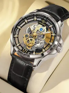 Double-sided Hollow Men's Watches, Dual Side Design, Analog Watches, Birthday Gift Japan Imported Quartz Movement Accurate timekeeping 50m Waterproof Hollow Skeleton Gear Second Hand Classic Business Brown Leather Stainless Steel Case Diamond Scale