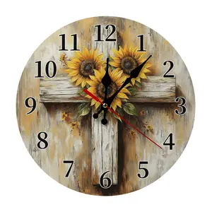 Vintage Weathered Wooden Analog Wall Clock - Round Sunflower & Rustic Cross, Silent Non-Ticking, Christian Farmhouse Room Decor, Gift for Confirmation & Housewarmings, Battery Not Included, Assembly Required, Timepiece for Home Supplies