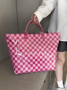 Women's simple and stylish multi-color striped letter tote bag, daily large-capacity casual easy-to-match PVC checkerboard handbag, suitable for various occasions such as commuting, traveling, dating, shopping, etc.