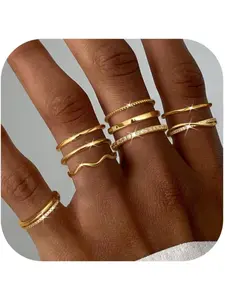 Gold Stackable Rings for Women Non Tarnish Open Adjustable Rings Cubic Zirconia Thin Thumb Silver Ring Set 14K Gold Filled Pinky Knuckle Stacking Set - Dainty Statement Promise Band Ring Sets