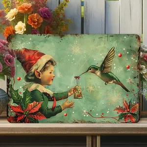 Vintage Christmas Elf with Hummingbird Metal Tin - Holiday wall art for home, gym, cafe, garage and garden decor, durable iron, easy to hang, 12x8 inches