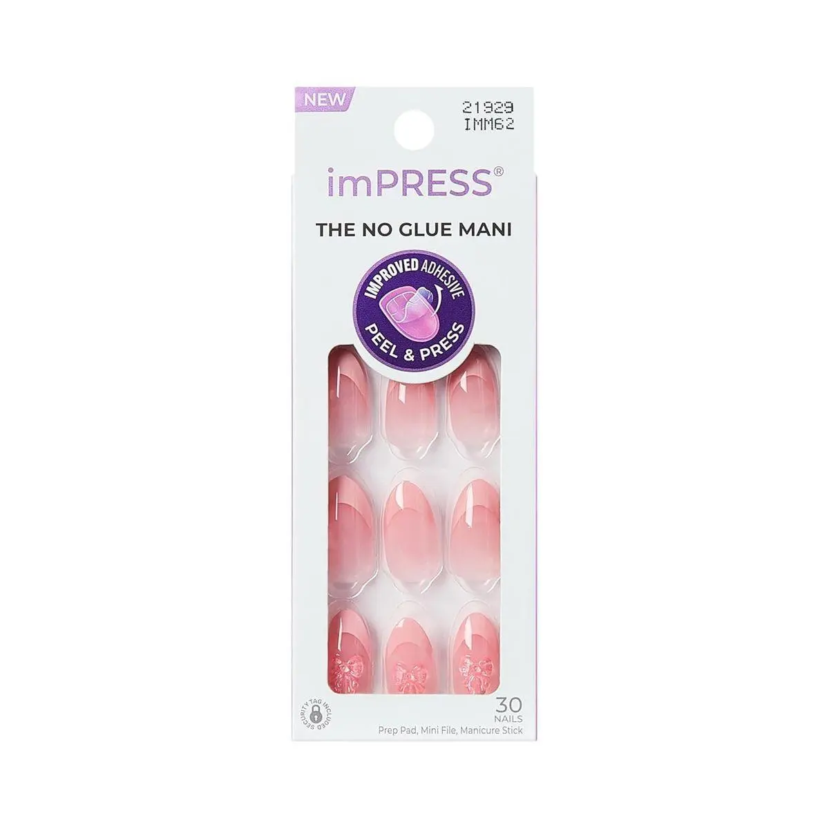Kiss Impress No Glue Mani Press On Nails, Design, 'Glow Muse', Pink, Medium Size, Almond Shape, Includes 30 Nails, Prep Pad, Instructions Sheet, 1 Manicure Stick, 1 Mini File