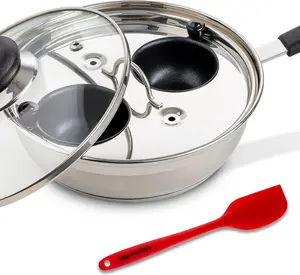 Eggssentials Egg Poacher Pan Nonstick Coating - Poached Egg Cooker, Stainless Steel Egg Poaching Pan PFOA Free with Spatula, Poached Egg Maker, Egg Poachers Cookware - Kitchen Utensils | Aluminium Pan for Breakfast | With Glass Lid.