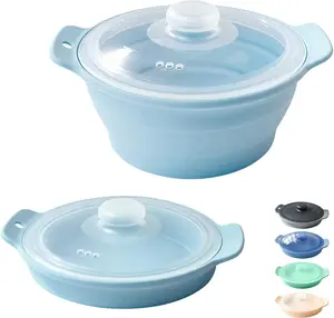 42oz Collapsible Silicone Microwave Food Steamer, BPA Free Small Steam Pot with Handle & Lid, Dishwasher Safe for Cooking Vegetable Seafood Soup Leftovers, Blue 1 Pack