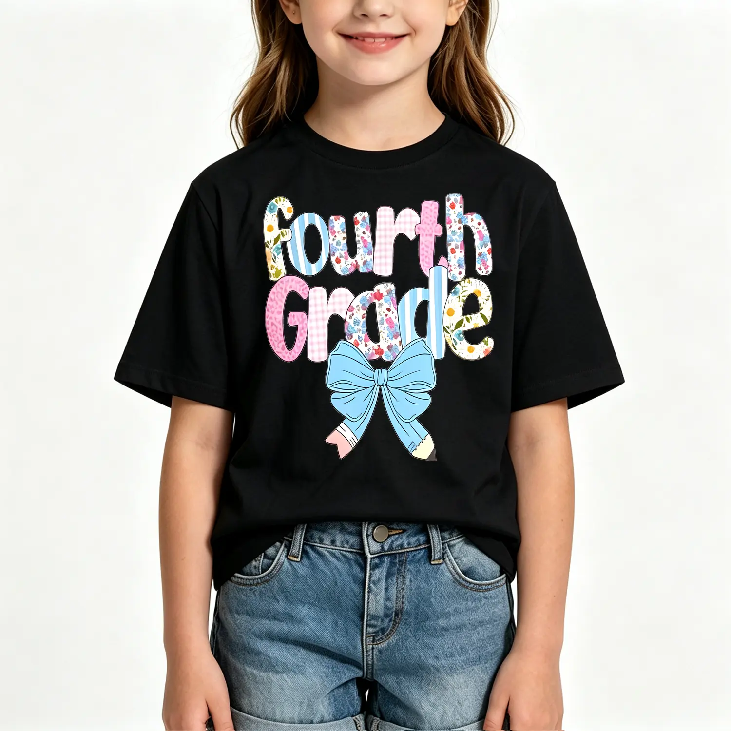 Preppy Fourth Grade Girls Teacher Blue Floral Pencil Bow Cotton T-shirt