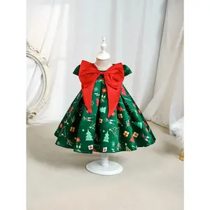 Girls' Christmas Party Dress with Red Bow & 3D Holly Berry Print - Green A-Line Short Sleeve Dress, Flared & Round Neck for Xmas Performances, Pageants, Photo Shoots - All-Season Outfit ( to)