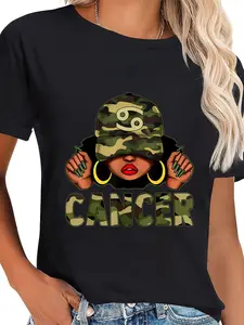 Casual Graphic T-Shirt for Women, 100% Cotton Short Sleeve Everyday Top with Cancer Queen Zodiac Afro Print