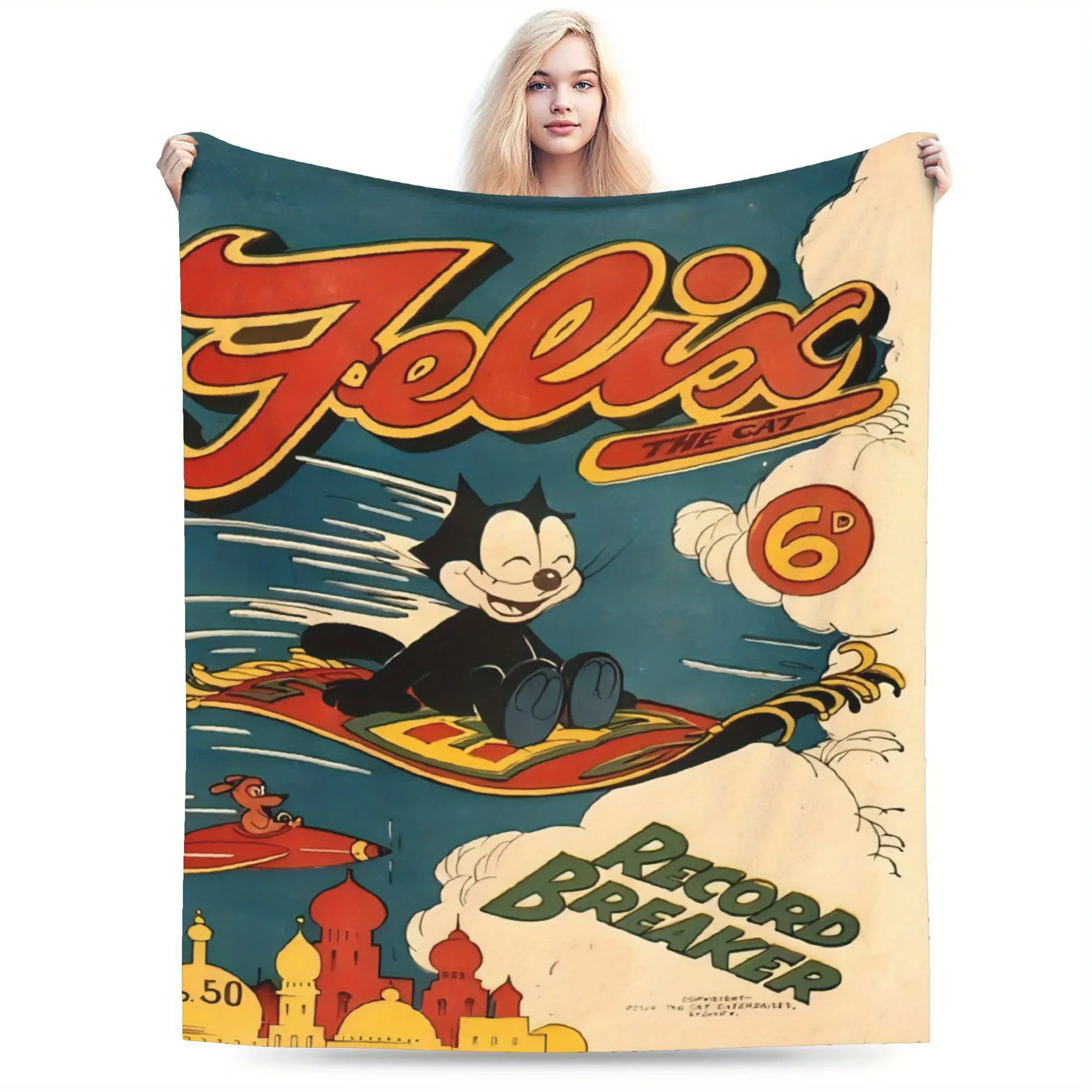 Felix Cat Sixth Birthday Blanket - Fashionable style, mixed colors, suitable for all seasons, flannel fabric, knitted fabric, digital printing, polyester composition, 250-300 grams ㎡   Gram weight