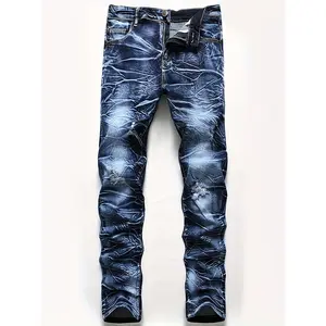 Men's Wrinkled Effect Ripped Jeans | Slim Fit Stretch Denim Pants | Vintage Blue Distressed Trousers for Streetwear & Daily Outfits