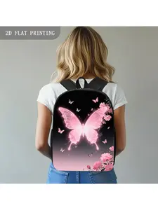 1pc Glowing Pink Butterfly with Cherry Blossoms and Small Butterflies Elegant Nature Inspired Design Vibrant and Delicate Pattern School Bag for Teenagers Durable Kawaii Cute Lightweight Back to School Backpack for College/campus, for Teenager