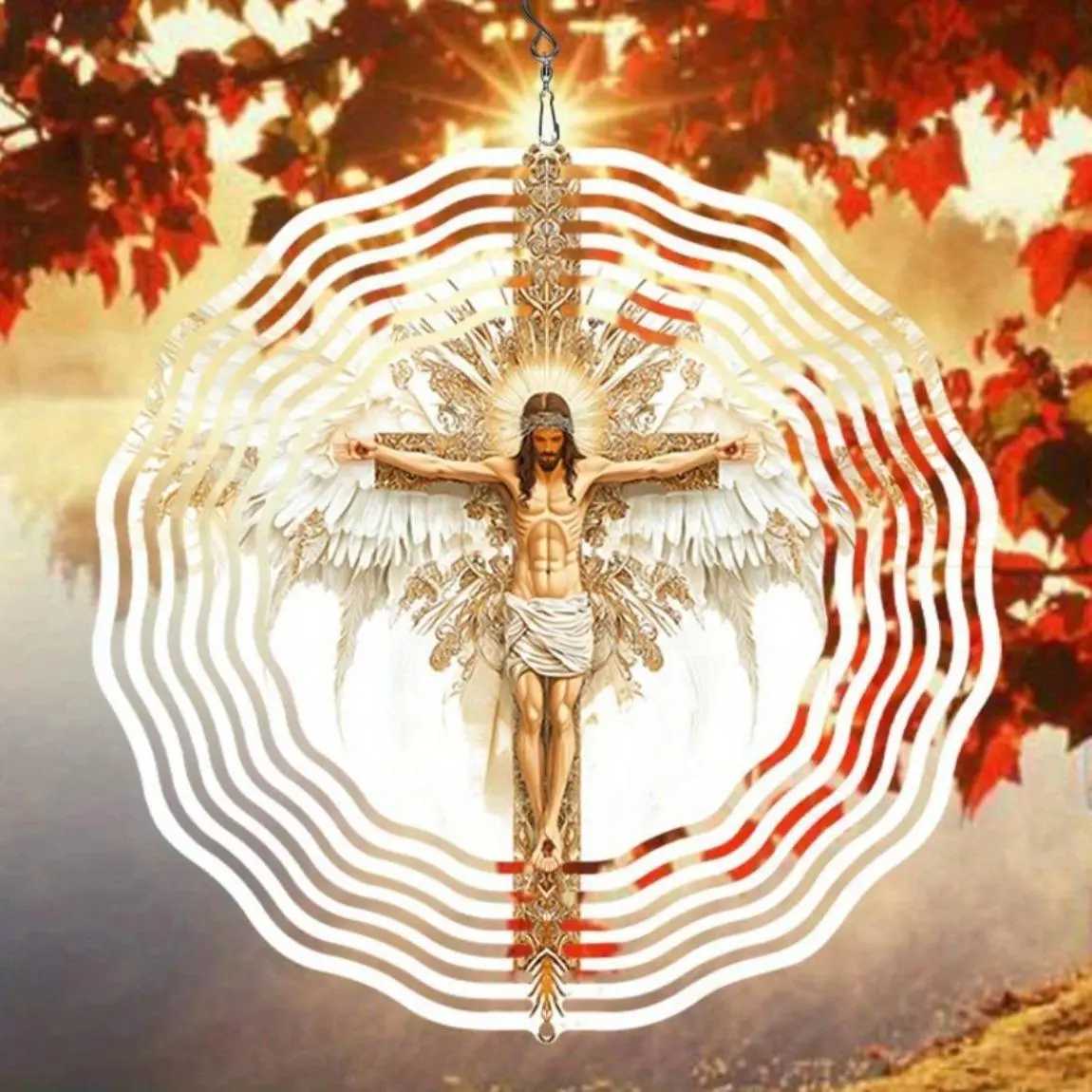 3D Rotating Wind Chime, Outdoor Garden Decor with Cross Design, Spiritual Space Soothing Wind Chimes, Hanging Ornament for Garden & Patio