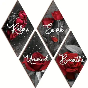 4pcs Red Rose Wooden Wall Decoration - 2D Flat Bathroom Art Plaque Set with Double Sided Tape - Relax, Soak, Unwind, Breathe - Perfect Valentine's Day Gift for