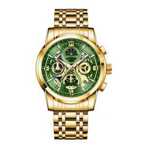 new multifunctional luxury men's watch, equipped with original Swiss movement, featuring dual calendar, mechanical style, sapphire crystal, stainless steel strap, and luminous waterproof design.