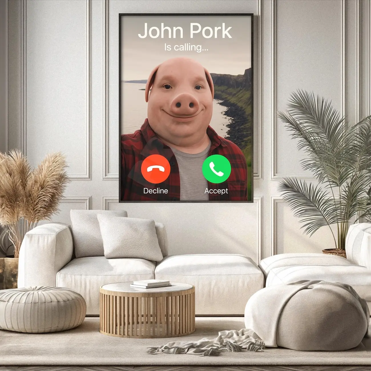 John Pork Is Calling Poster – Viral TikTok Meme Art – Surreal Anthropomorphic Pig Decor – Funny AI-Generated Wall Print CE5