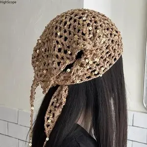French Vintage Crochet Triangle Headscarf - Sequin Hollow Knit Headband, Handmade Travel Accessory