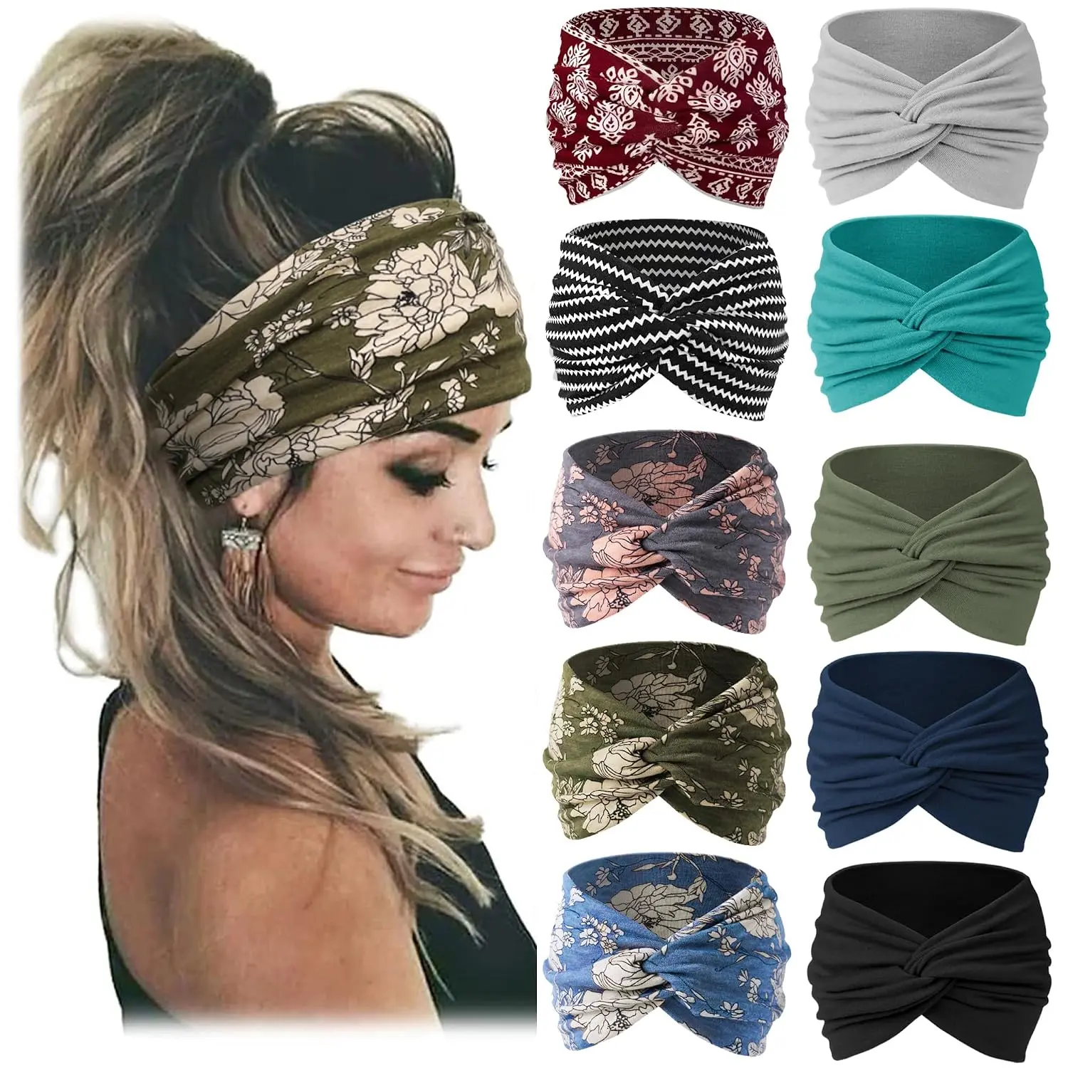 Female Adults' Bohemian Wide-Edge Twisted Headband Set (10pcs) - Ready to Use, Fixes Hair, Absorbs Sweat, Fits Ponytail/Bun Styling, Suitable for Workout, Running, Daily Wear Accessories
