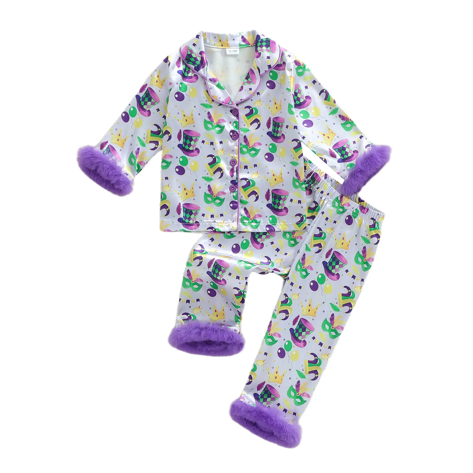Kids Mardi Gras Pajamas Toddler Girl Carnival Satin Pajamas Set Top Hat Print Lapel Long Sleeve Button Down Tops with Pants Sleepwear
