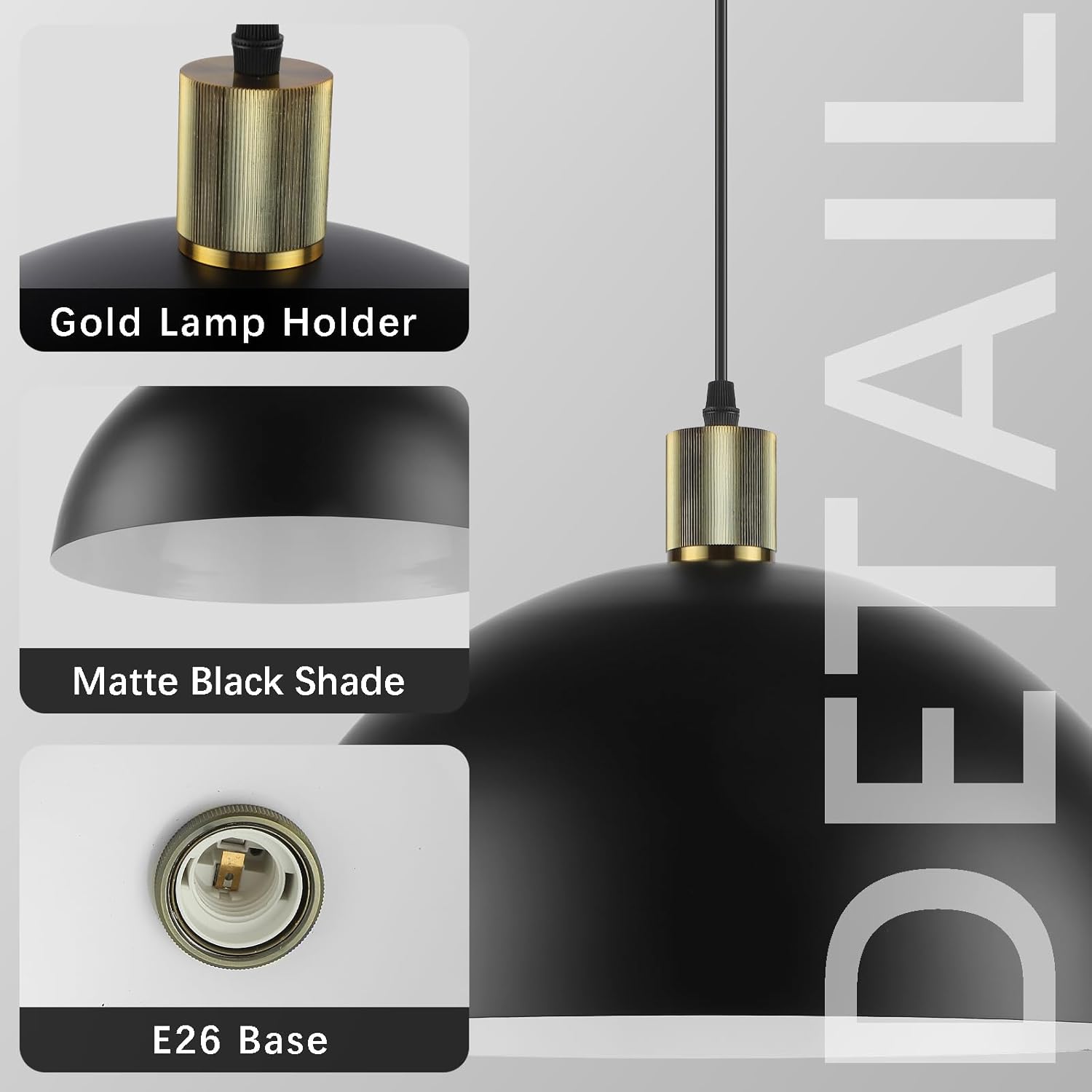 Black Pendant Light Fixtures, 15.7" Large Dome Farmhouse Vintage Chandelier Hanging Lighting for Kitchen Island Dining Room