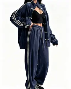 Women's Frog Button 3-Stripes Two-Piece Tracksuit - Loose Casual Zip-Up Jacket & Wide Leg Pants Loungewear