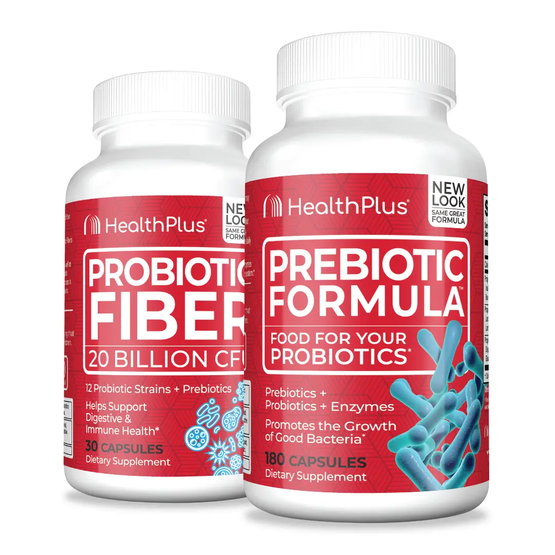Health Plus Prebiotic & Probiotic Fiber Supplement Bundle – Gut Health Support with 12 Strains, Enzymes & Prebiotic Fiber