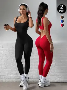 Hijesse Ladies fashion seamless long yoga sleeveless jumpsuit two-piece, comfortable and breathable sleeveless, tight jumpsuit suitable for yoga gym exercise.