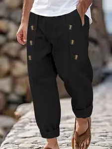 Men's Linen Long Pants with Elastic Waist Drawstring, Multi-Pocket Design, Casual Sporty Style, Skin-Friendly Fabric, Essential Wardrobe Item