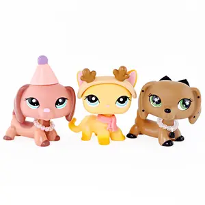 3 Pcs Cute Mini Pet Figurines Set, Cartoon Dachshund Dogs & Short Hair Cat Mini Figures with Party Hat Antler Scarf Pearl Collar Accessories, Collectible Small Animal Toys, Birthday Gift for Girls Kids Collectors