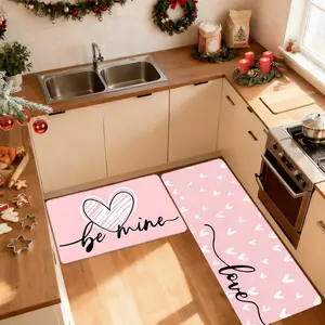 1/2/3 Piece Set Heart Design Be Mine Waterproof Kitchen Mat, Non-Slip Durable Anti-Skid Floor Pad, Sweet Romantic Style, Decorative Rug Mat