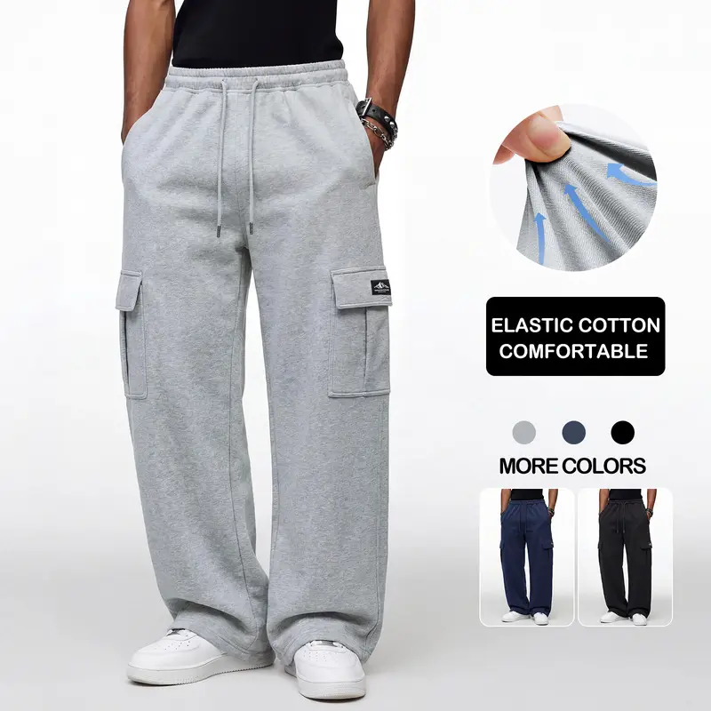 Men’s autumn casual pants, multi-pocket men’s cargo pants, home lounge sweatpants, hip-hop flared casual pants, loose straight-leg high-stretch athletic men’s pants, versatile basic men’s casual pants