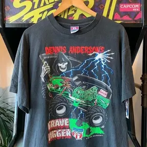Vtg 90s Grave Digger Monster Truck Band Retro Style Black T Shirt S-5xl