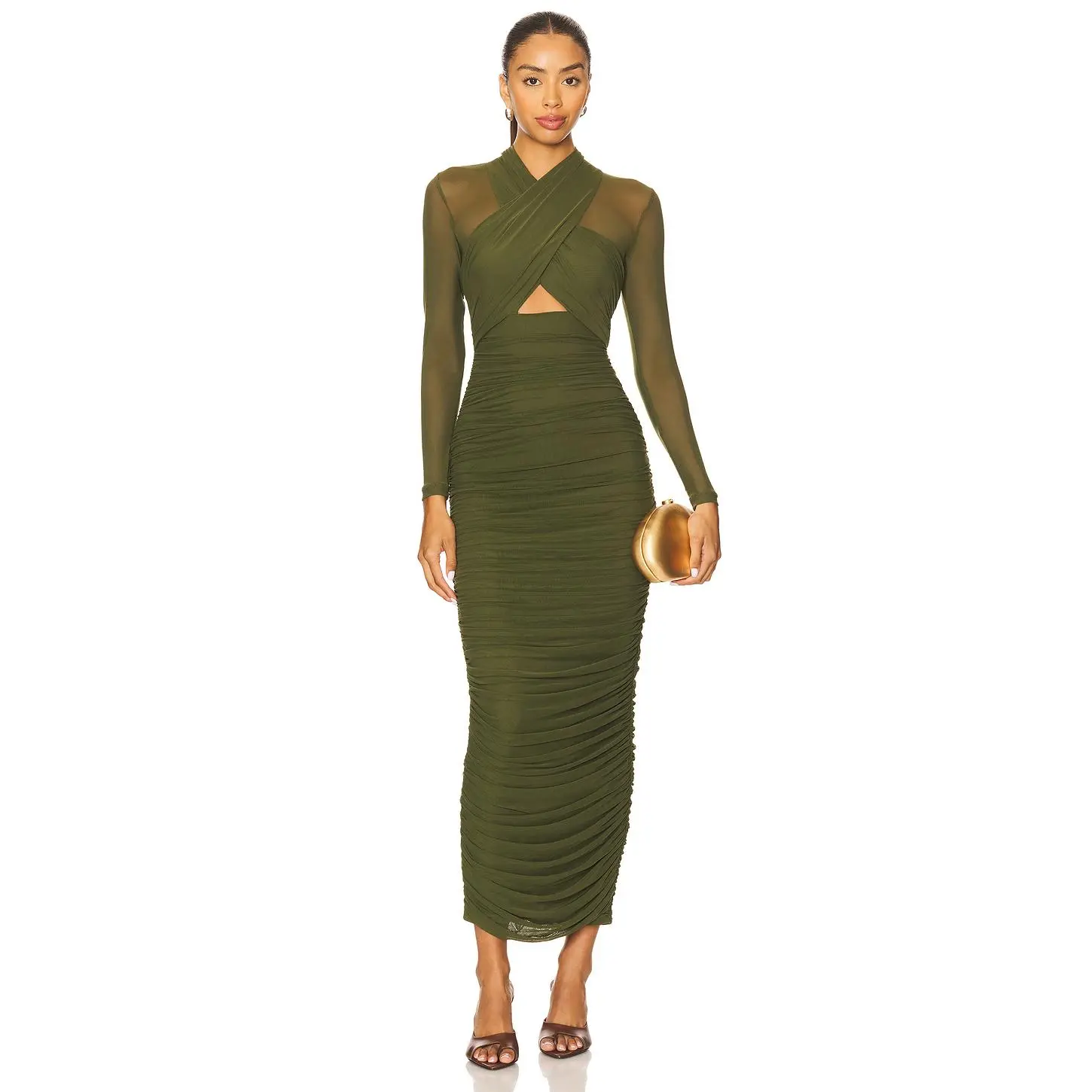 Bardot Aliyah Long Midi Dress in Dark Khaki