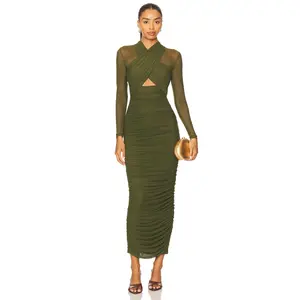 Bardot Aliyah Long Midi Dress in Dark Khaki