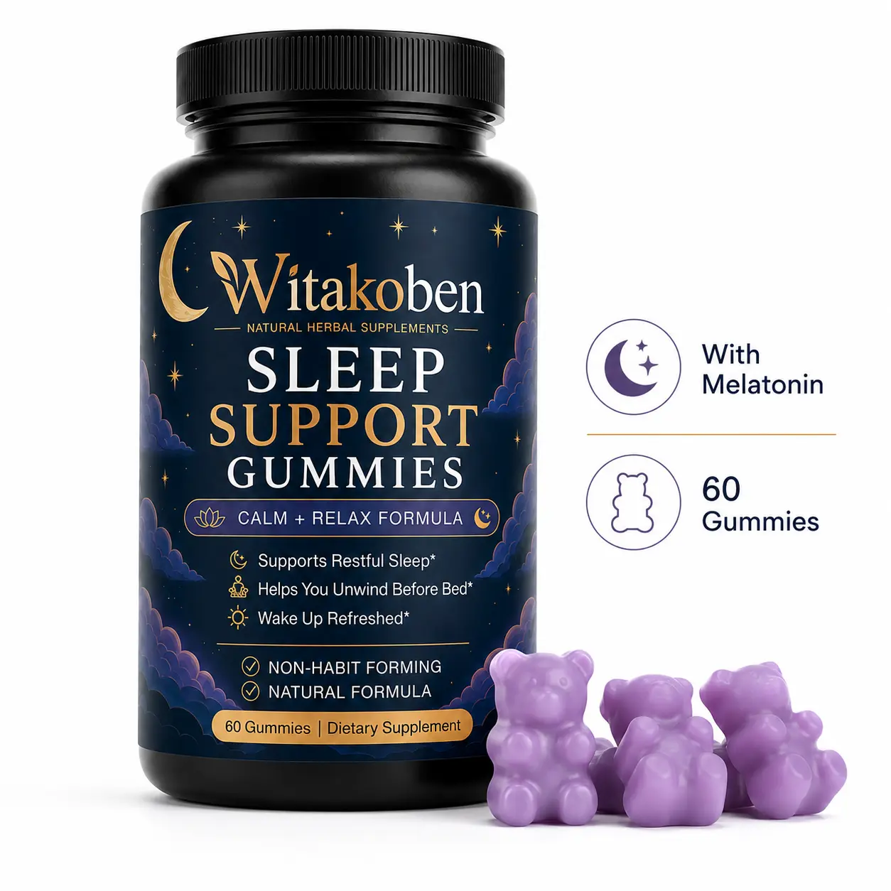 Sleep Support Gummies for Adults – Calm + Relax Formula, Natural Non-Habit Forming Bedtime Gummies for Restful Sleep, Nighttime Relaxation & Refreshed Mornings, 60 Gummies