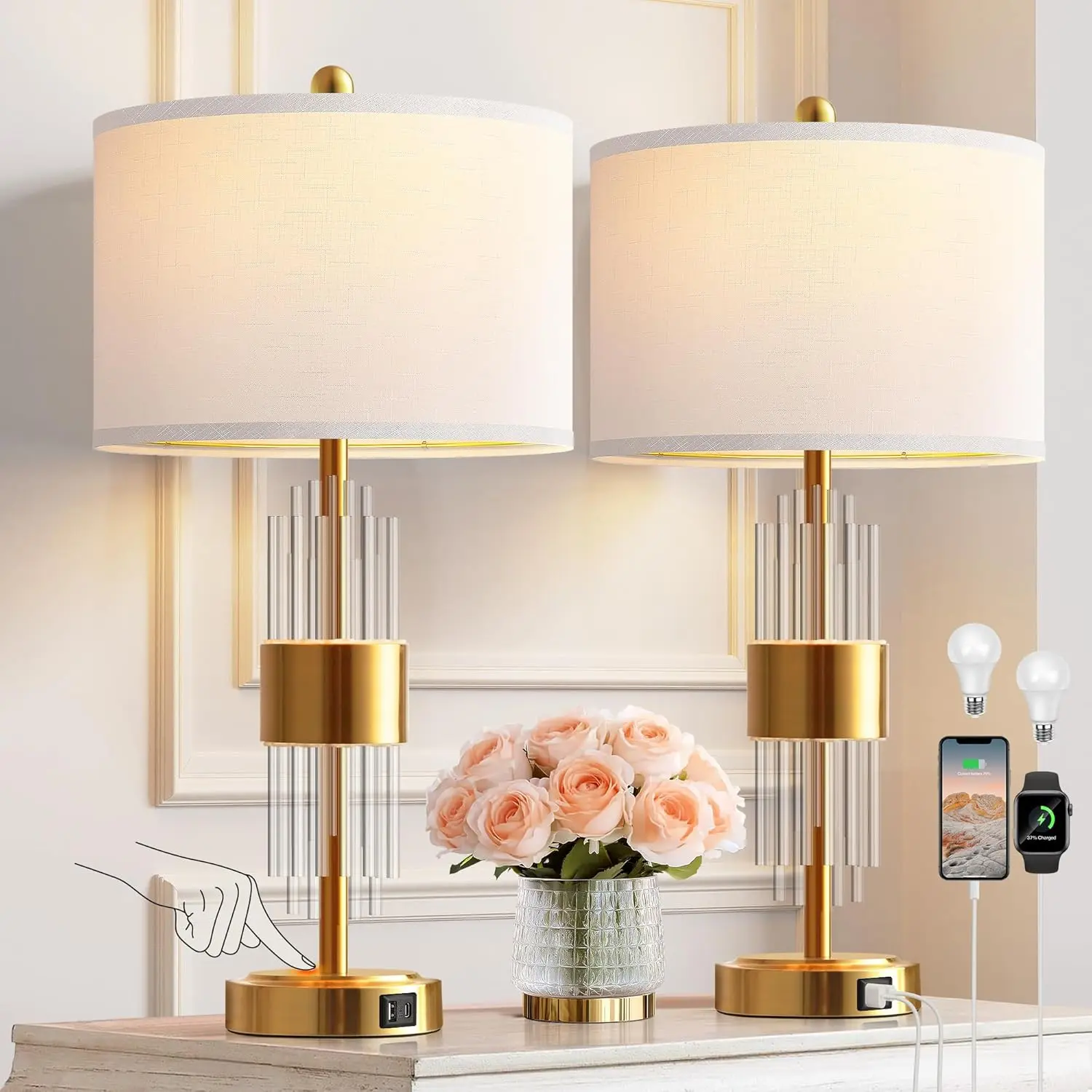 25.5" Table Lamp Set of 2 with USB A+C Ports, Gold Lamp for Living Room with Touch Control, Modern Bedside Nightstand Lamp White Lamp Shade Bedroom Home Office Decor (2700K LED Bulbs Included)
