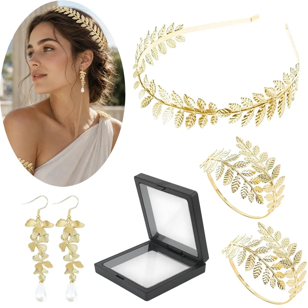 5 PCS Greek Goddess Costume Accessories Set, 1 Piece Golden Leaf Crown Headband, 2 Pieces Coil Upper Armband Bracelet, 2 Pieces Dangle Earrings, Bridal Wedding Headpiece Costume