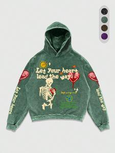 men's vintage skeleton & letter print hoodie, casual comfy loose hooded sweatshirt for daily wear, unisex top for all seasons, lightweight hoodie