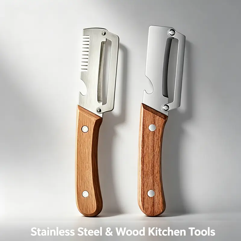 2PCS 3-in-1 Multi-Functional Kitchen Peeler Set - Ultra-Sharp Stainless Steel Blade, Wooden Handle, Bottle Opener, Julienne Shred Cutter for Vegetables, Fruits, Professional Durable Kitchen Gadget