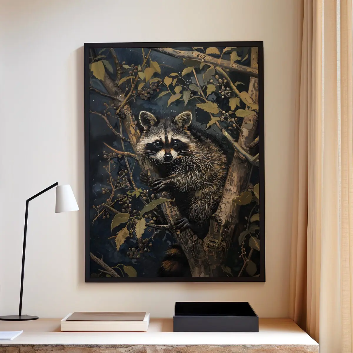 Raccoon William Morris Wall Art Print, Vintage Spring Woodland Gift for Her Cottagecore Dark Academia Decor, Mid Century Botanical, Room Decor, Unframed