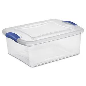 Small Latching Storage Bin, 15 Quart Clear Plastic Storage Container with Latch Lid, Blue